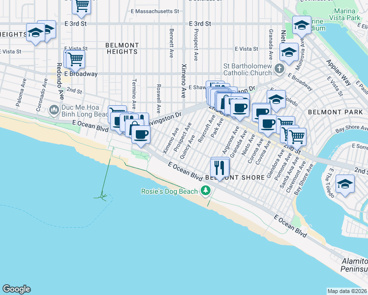 map of restaurants, bars, coffee shops, grocery stores, and more near 75 Quincy Avenue in Long Beach