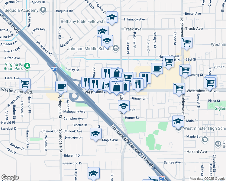 map of restaurants, bars, coffee shops, grocery stores, and more near 6480 Westminster Boulevard in Westminster