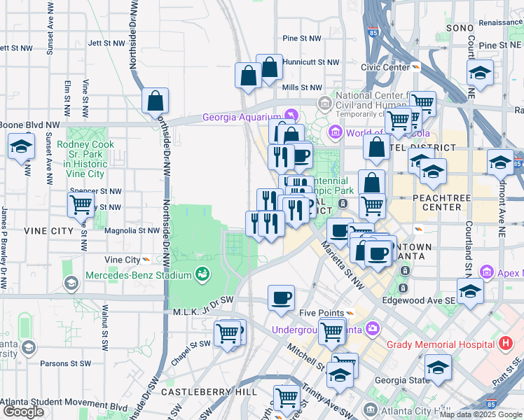 map of restaurants, bars, coffee shops, grocery stores, and more near 285 Andrew Young International Boulevard Northwest in Atlanta