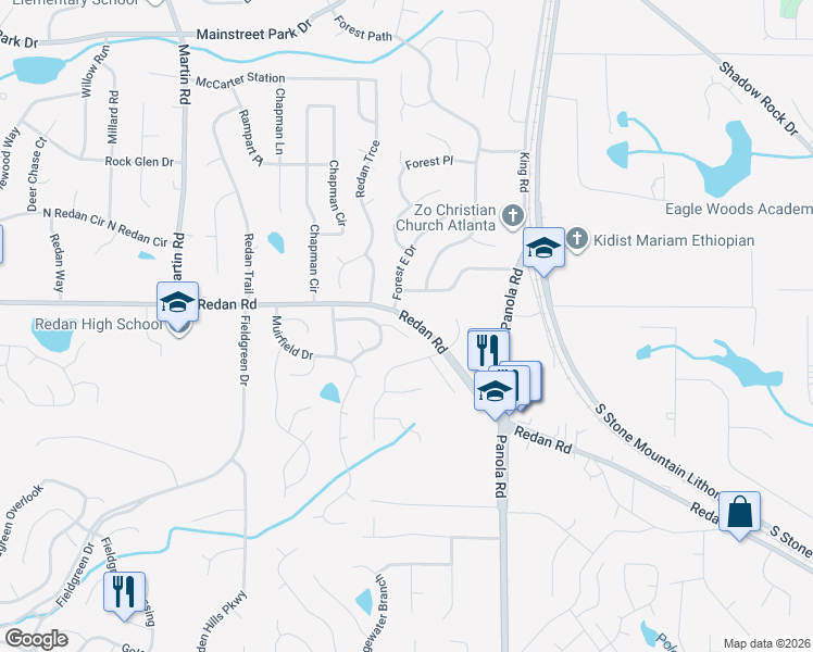 map of restaurants, bars, coffee shops, grocery stores, and more near 5380 Kristian Ct in Stone Mountain