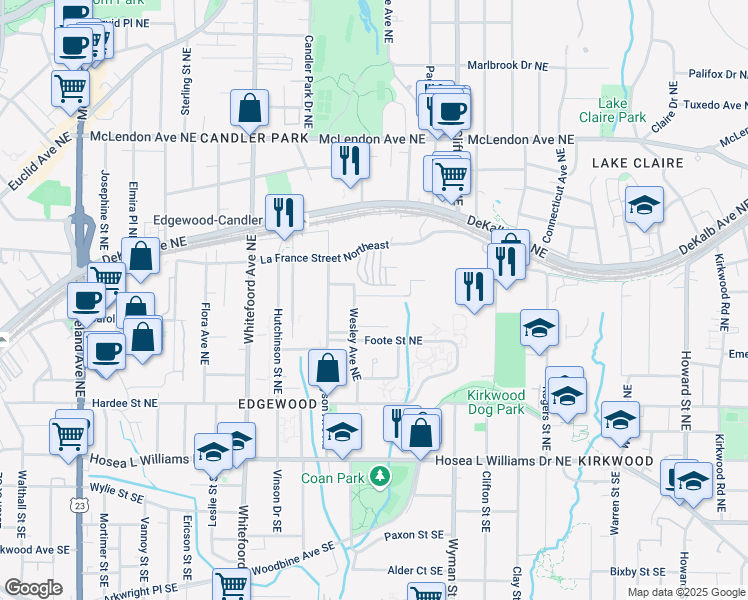 map of restaurants, bars, coffee shops, grocery stores, and more near 1555 New Street Northeast in Atlanta