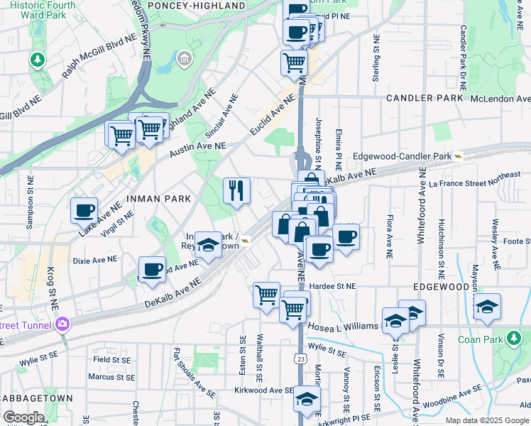 map of restaurants, bars, coffee shops, grocery stores, and more near 1124 DeKalb Avenue Northeast in Atlanta