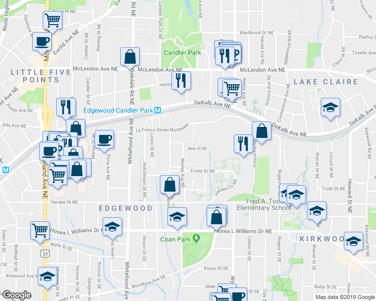 map of restaurants, bars, coffee shops, grocery stores, and more near 1547 New Street Northeast in Atlanta