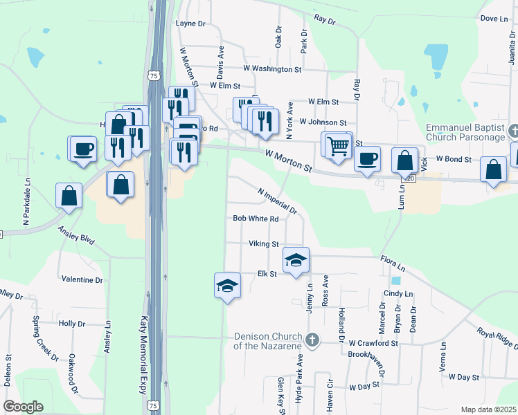 map of restaurants, bars, coffee shops, grocery stores, and more near 154 Chickadee Street in Denison