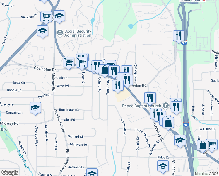 map of restaurants, bars, coffee shops, grocery stores, and more near 1200 Weston Drive in Decatur