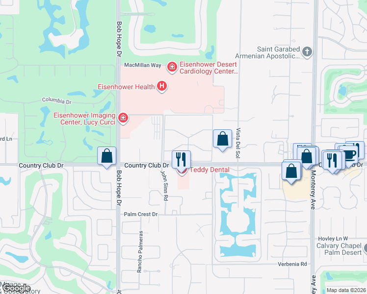 map of restaurants, bars, coffee shops, grocery stores, and more near 72329 Rodeo Way in Rancho Mirage