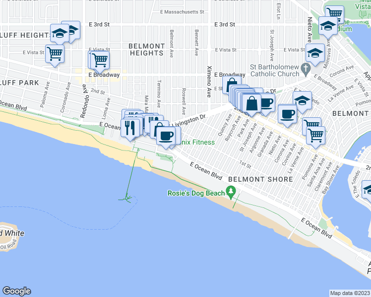 map of restaurants, bars, coffee shops, grocery stores, and more near 26 Bennett Avenue in Long Beach