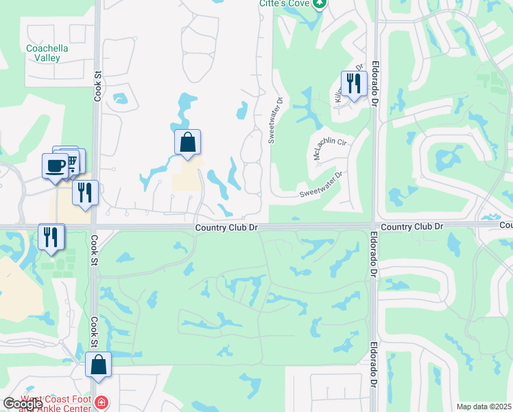 map of restaurants, bars, coffee shops, grocery stores, and more near 127 Desert Falls Dr E in Palm Desert