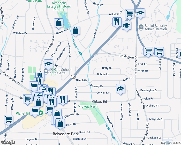 map of restaurants, bars, coffee shops, grocery stores, and more near 3180 Bobbie Lane in Decatur