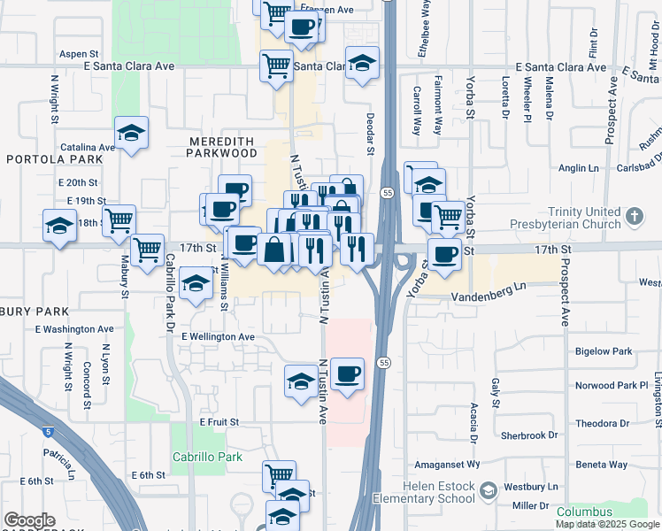 map of restaurants, bars, coffee shops, grocery stores, and more near 1601 North Tustin Avenue in Santa Ana