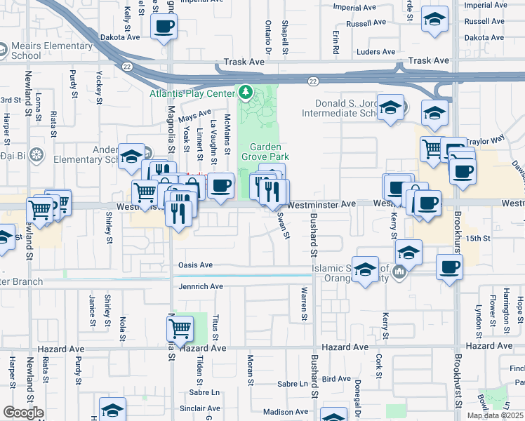 map of restaurants, bars, coffee shops, grocery stores, and more near 9348 Westminster Boulevard in Westminster