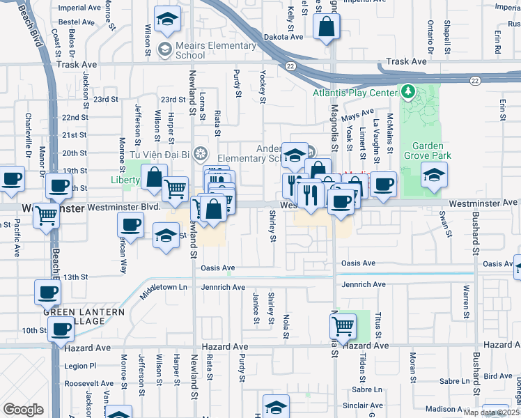 map of restaurants, bars, coffee shops, grocery stores, and more near 8742 Westminster Boulevard in Westminster