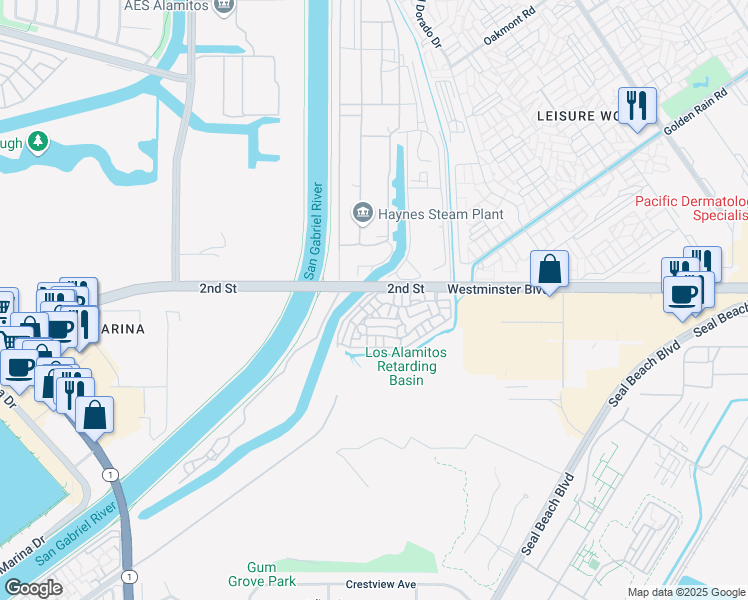 map of restaurants, bars, coffee shops, grocery stores, and more near 7021 Seawind Drive in Long Beach