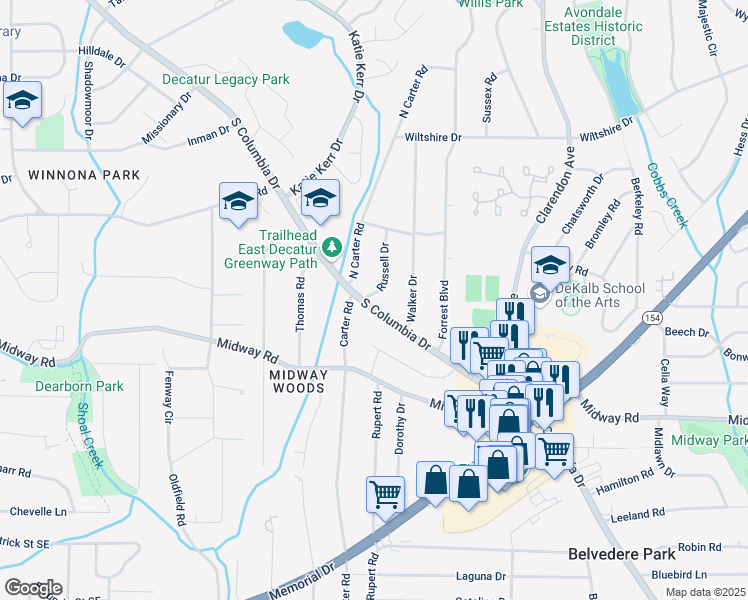 map of restaurants, bars, coffee shops, grocery stores, and more near 952 South Columbia Drive in Decatur