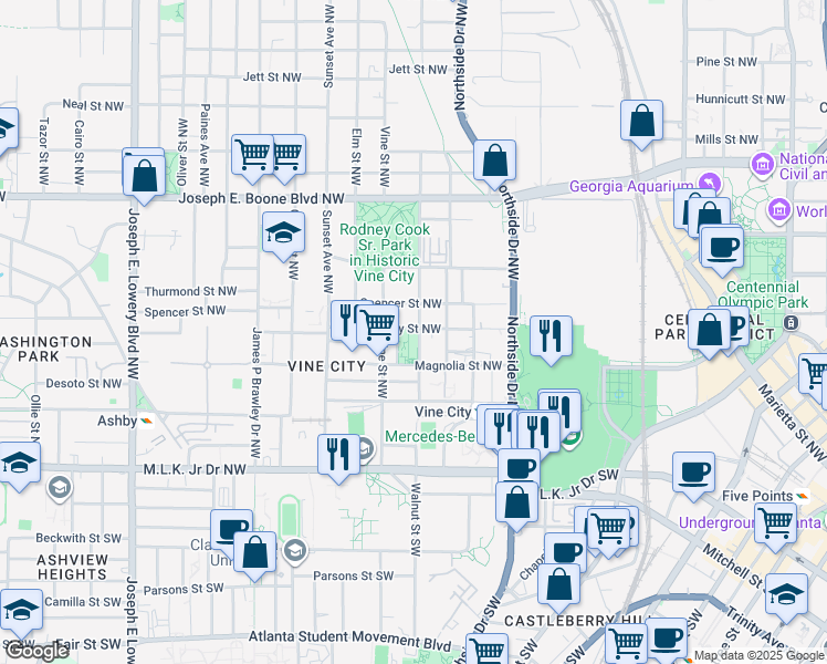 map of restaurants, bars, coffee shops, grocery stores, and more near 166 Walnut Street Northwest in Atlanta