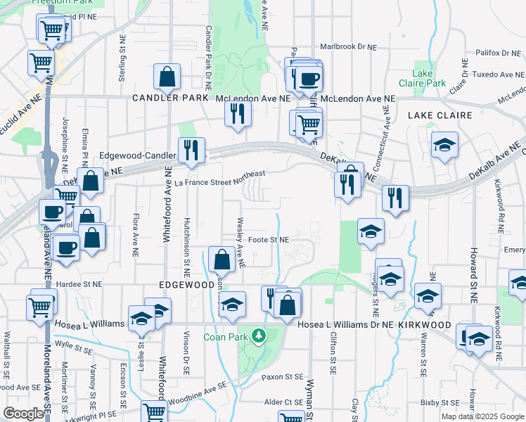 map of restaurants, bars, coffee shops, grocery stores, and more near 1573 New Street Northeast in Atlanta