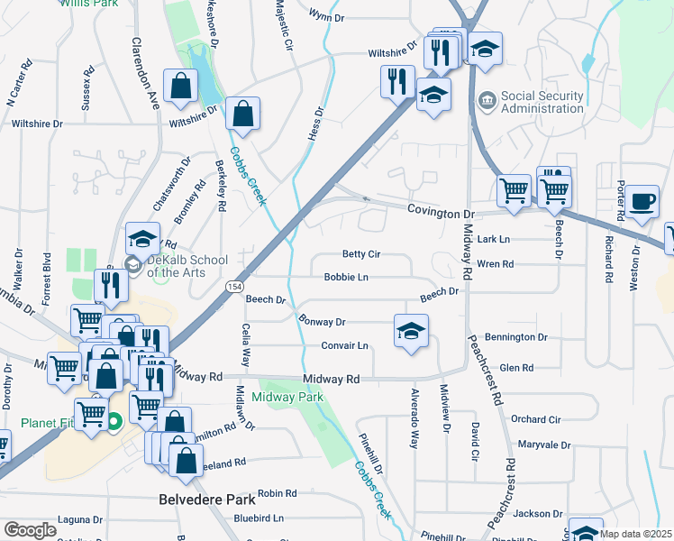 map of restaurants, bars, coffee shops, grocery stores, and more near 3224 Bobbie Lane in Decatur