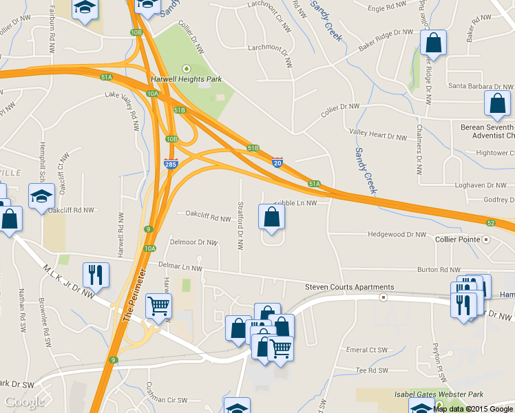 map of restaurants, bars, coffee shops, grocery stores, and more near 144 Kevin Ct NW in Atlanta