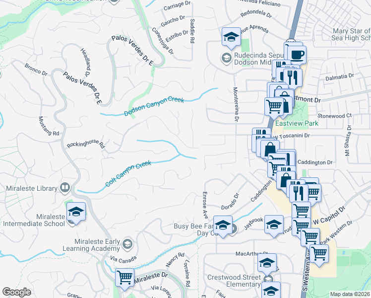 map of restaurants, bars, coffee shops, grocery stores, and more near 102 Rockinghorse Road in Rancho Palos Verdes
