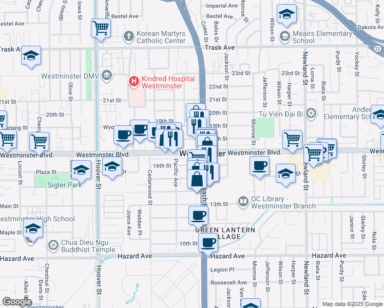 map of restaurants, bars, coffee shops, grocery stores, and more near in Westminster