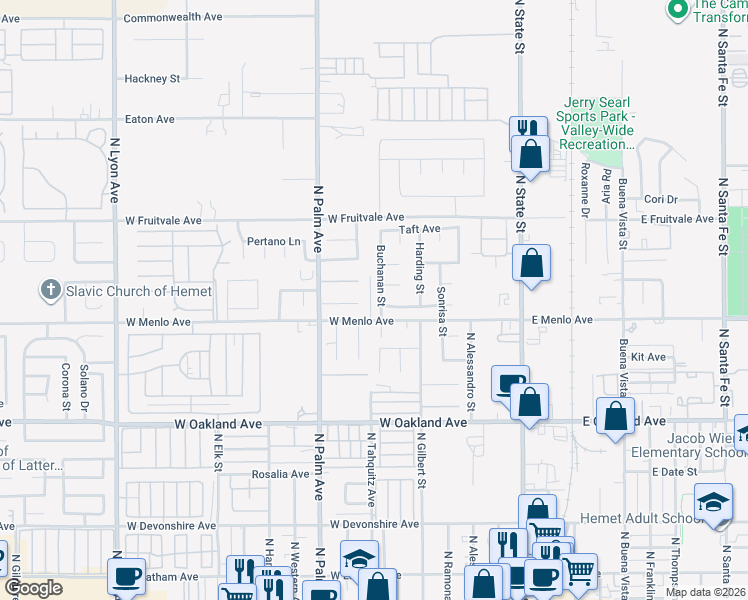 map of restaurants, bars, coffee shops, grocery stores, and more near 731 Buchanan Street in Hemet