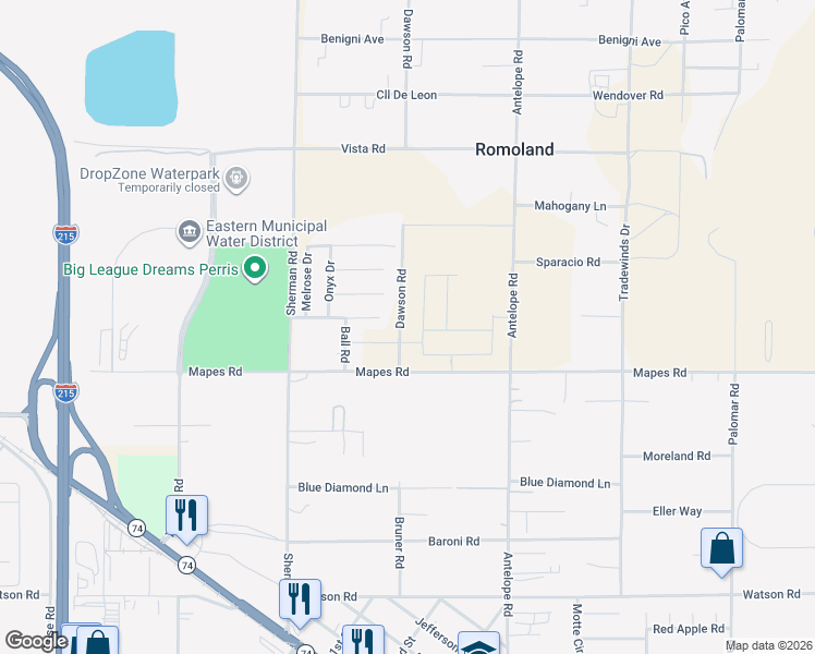 map of restaurants, bars, coffee shops, grocery stores, and more near 24652-24948 Dawson Road in Riverside County