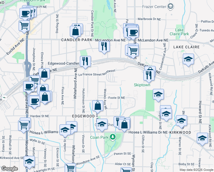 map of restaurants, bars, coffee shops, grocery stores, and more near 202 Wesley Avenue Northeast in Atlanta