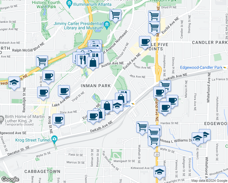 map of restaurants, bars, coffee shops, grocery stores, and more near 186 Hurt Street Northeast in Atlanta