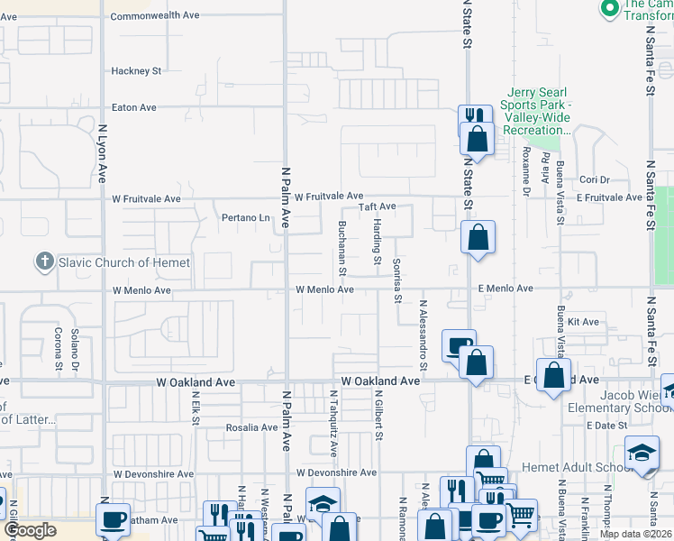 map of restaurants, bars, coffee shops, grocery stores, and more near 731 Buchanan Street in Hemet