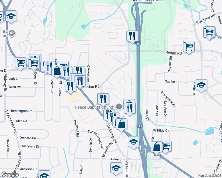 map of restaurants, bars, coffee shops, grocery stores, and more near 3737 Redan Road in Decatur