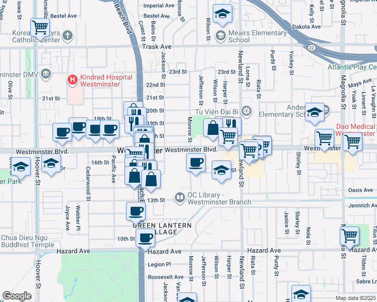 map of restaurants, bars, coffee shops, grocery stores, and more near 8202 Westminster Boulevard in Westminster