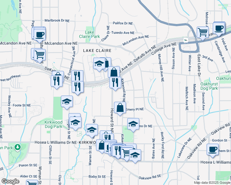 map of restaurants, bars, coffee shops, grocery stores, and more near 229 Howard Street Northeast in Atlanta