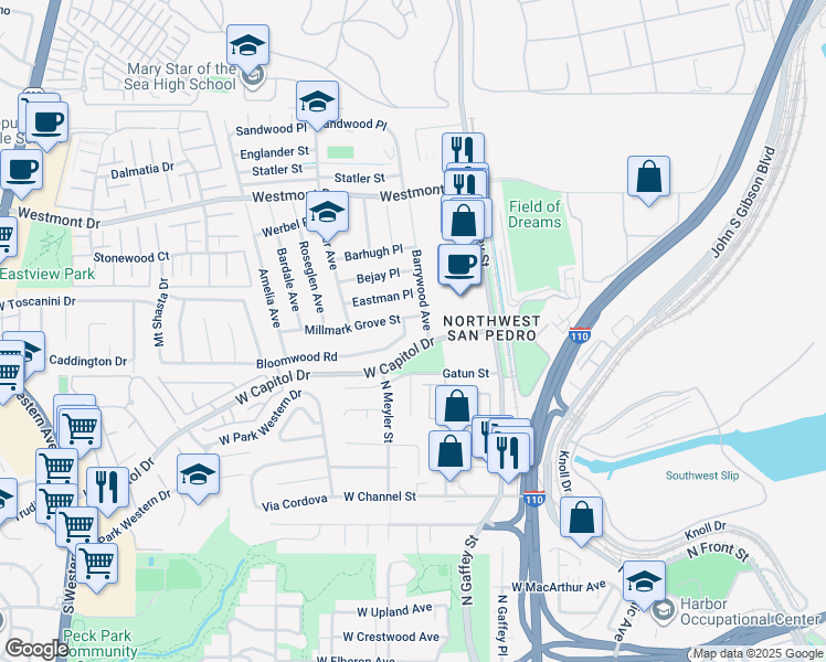 map of restaurants, bars, coffee shops, grocery stores, and more near 307 Bloomwood Road in Los Angeles