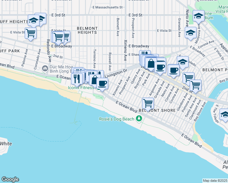 map of restaurants, bars, coffee shops, grocery stores, and more near in Long Beach