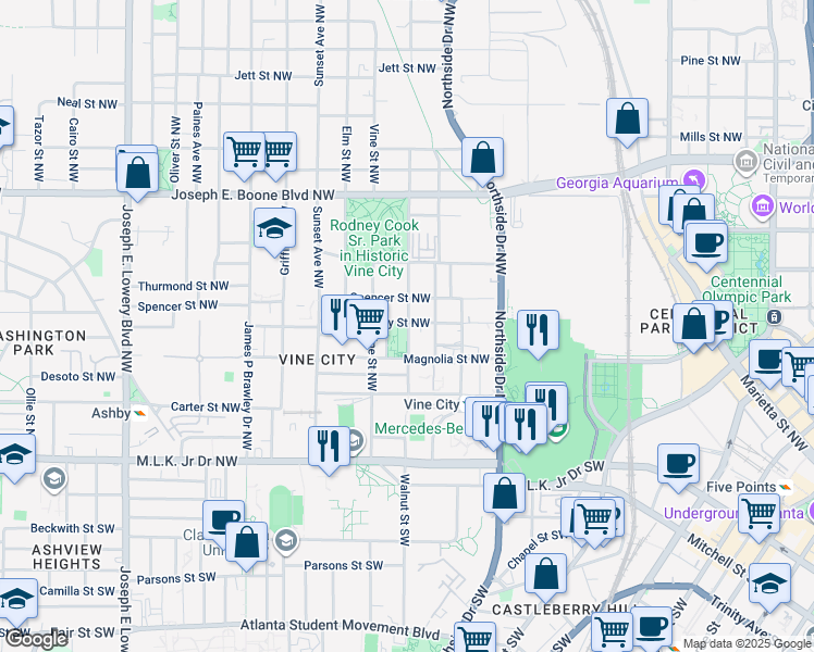 map of restaurants, bars, coffee shops, grocery stores, and more near 165 Walnut Street Northwest in Atlanta
