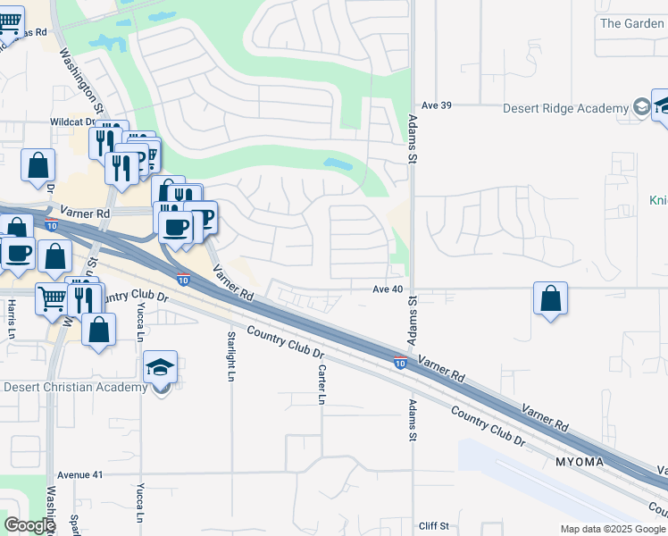 map of restaurants, bars, coffee shops, grocery stores, and more near 39959 Alba Way in Palm Desert