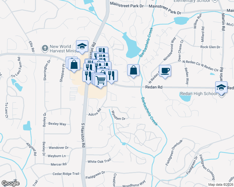 map of restaurants, bars, coffee shops, grocery stores, and more near 4911 Redan Road in Stone Mountain