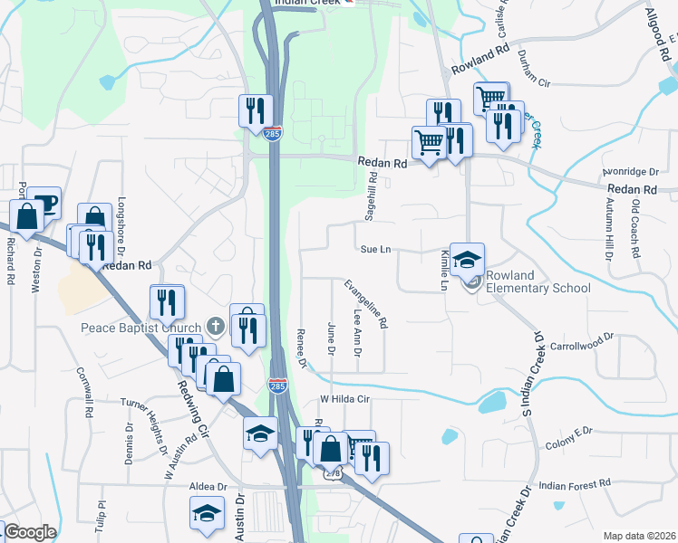 map of restaurants, bars, coffee shops, grocery stores, and more near 1178 Evangeline Road in Decatur