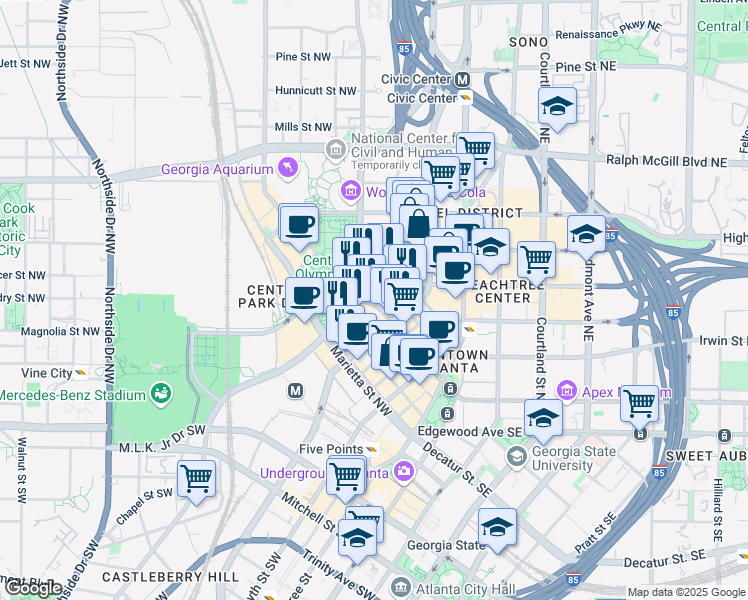 map of restaurants, bars, coffee shops, grocery stores, and more near 153 Luckie Street Northwest in Atlanta