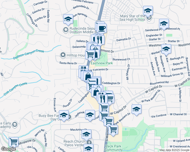 map of restaurants, bars, coffee shops, grocery stores, and more near 1704 Huntsman Court in Rancho Palos Verdes