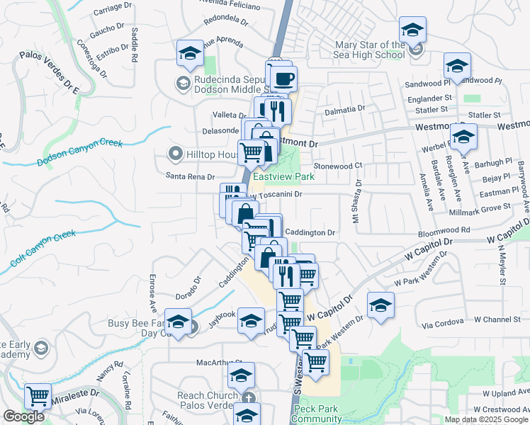 map of restaurants, bars, coffee shops, grocery stores, and more near 28619 Friarstone Court in Rancho Palos Verdes
