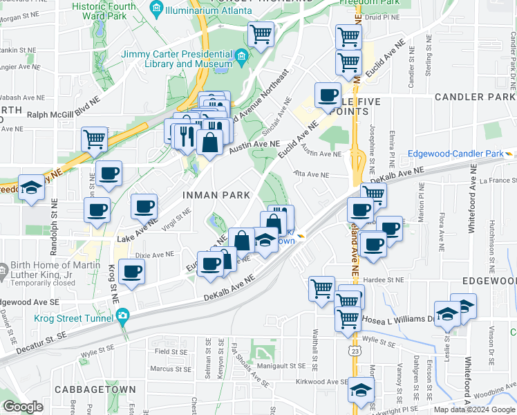 map of restaurants, bars, coffee shops, grocery stores, and more near 937 Euclid Avenue Northeast in Atlanta