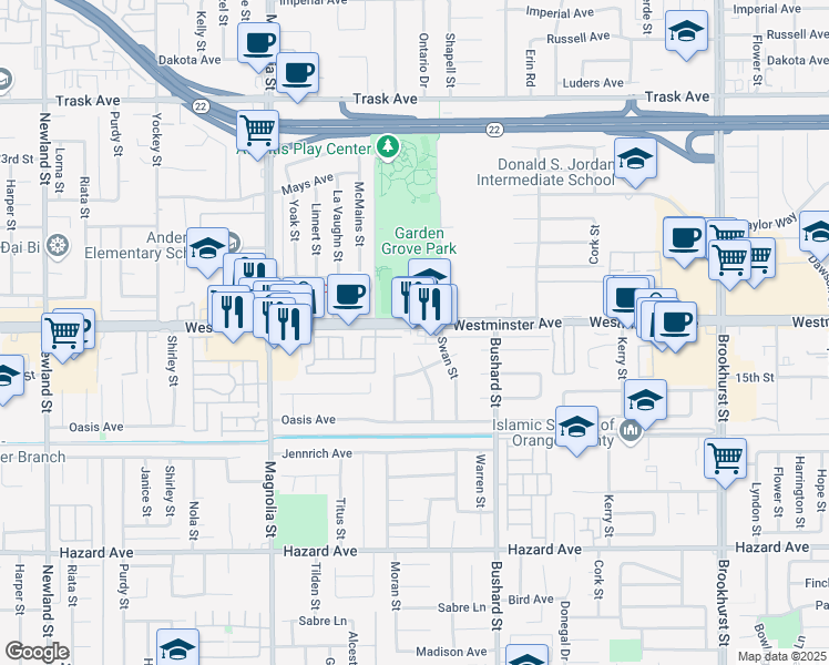 map of restaurants, bars, coffee shops, grocery stores, and more near 9348 Westminster Boulevard in Westminster