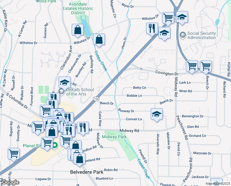 map of restaurants, bars, coffee shops, grocery stores, and more near 3180 Bobbie Lane in Decatur