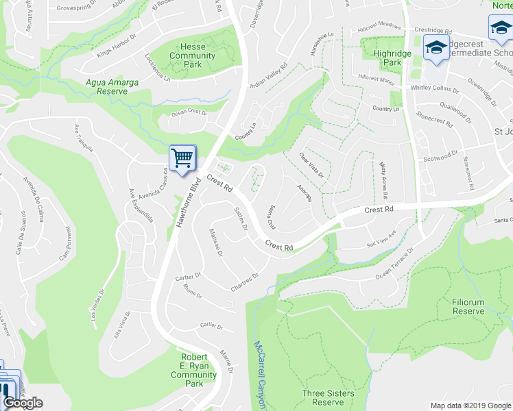 map of restaurants, bars, coffee shops, grocery stores, and more near 1 Cresta Verde Drive in Rolling Hills Estates