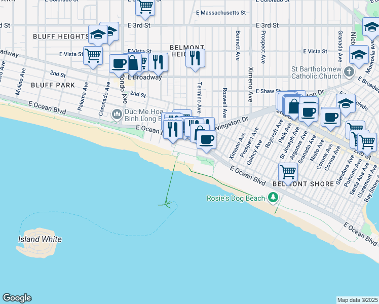 map of restaurants, bars, coffee shops, grocery stores, and more near 11 South Termino Avenue in Long Beach