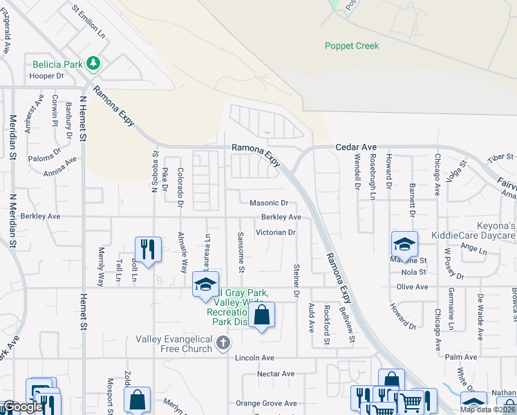 map of restaurants, bars, coffee shops, grocery stores, and more near 42859 Masonic Drive in Hemet