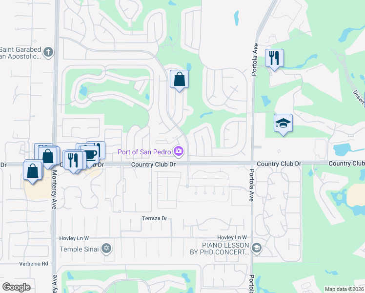 map of restaurants, bars, coffee shops, grocery stores, and more near 73450 Country Club Drive in Palm Desert