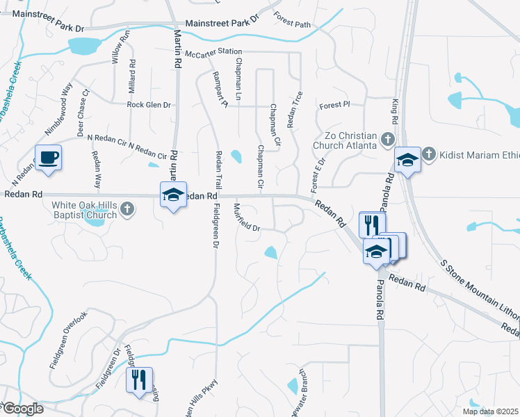 map of restaurants, bars, coffee shops, grocery stores, and more near 5266 Long Green Lane in Stone Mountain