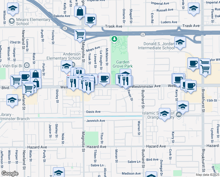 map of restaurants, bars, coffee shops, grocery stores, and more near 9200 Westminster Boulevard in Garden Grove